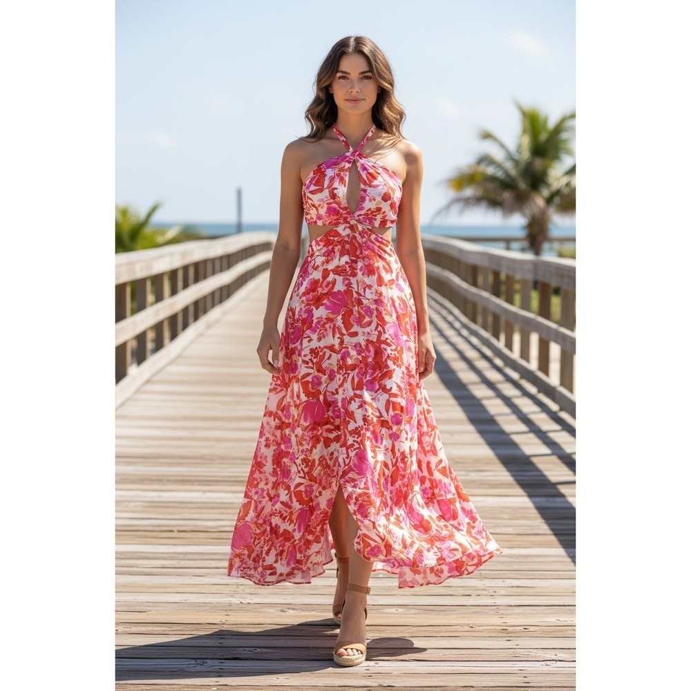 Tropical Floral Halter Maxi Dress Cutout Waist Pink Red Orange Resort W26 S